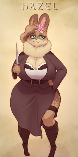 5_fingers accessory anthro bard belt big_breasts blue_eyes boots bra breasts cleavage clothed clothing dagger dewlap_(anatomy) dipstick_ears ear_markings eyelashes fangs female fingers flower flower_in_hair footwear fur hair hair_accessory highlights_(coloring) holding_object holding_weapon huge_breasts melee_weapon multicolored_ears plant shirt shoes simple_background smile solo standing tan_body tan_fur teeth text thick_thighs topwear tunic underwear weapon whiskers wide_hips shakotanbunny hazel_(shakotanbunny) domestic_rabbit flemish_giant lagomorph leporid mammal oryctolagus rabbit 2023 character_name