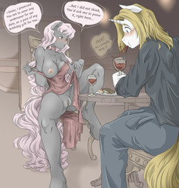 1_horn 5_fingers alcohol anthro anthro_on_anthro areola barefoot beef beverage big_breasts birthday black_text blonde_eyebrows blonde_hair blue_bottomwear blue_clothing blue_eyes blue_pants blush blush_lines bottomwear breasts chair choker clitoris clothed clothed_anthro clothed_female clothed_male clothing clothing_lift clothing_pull collarbone container cup dialogue dress dress_lift dress_pull drinking_glass duo embarrassed exhibitionism eyebrows eyelashes face_blush feet female female_anthro fingers food fully_clothed fully_clothed_anthro fully_clothed_male fur furniture genitals glass glass_container glass_cup grey_body grey_clothing grey_hooves grey_shirt grey_topwear hair holding_beverage holding_container holding_cup holding_drinking_glass holding_glass holding_object hooves horn humanoid_genitalia humanoid_hands humanoid_vulva inner_labia iris jewelry knee_pulled_up light_hair light_tail long_hair long_tail looking_at_another looking_at_partner male male/female male_anthro meat medium_hair monotone_body monotone_bottomwear monotone_clothing monotone_dress monotone_fur monotone_hair monotone_pants monotone_shirt monotone_tail monotone_topwear necklace nipple_outline nipples no_bra no_underwear off_shoulder on_chair one_breast_out open_mouth pants partially_clothed partially_clothed_anthro partially_clothed_female pink_areola pink_blush pink_clitoris pink_clothing pink_dress pink_eyebrows pink_eyes pink_hair pink_nipples pink_tail pink_vulva plate plump_labia pointy_ears profanity public public_exposure pupils raised_leg restaurant shirt shocked sitting sitting_on_chair spit-take spitting spitting_drink spread_legs spreading steak straight_horn table tail talking_to_another talking_to_partner text thought_bubble topwear undressing undressing_self unguligrade unicorn_horn vulva white_body white_sclera wine wine_glass yellow_tail mingle hasbro my_little_pony mythology bakchus fan_character mingle_(oc) equid equine horse mammal mythological_creature mythological_equine pony unicorn english_description english_text hi_res shaded