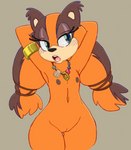 anthro badger big-e6 blue_eyes blush clothed clothing female flat_chested fur hands_behind_head hi_res jewelry mammal midriff mustelid musteline navel necklace open_mouth orange_body orange_fur sega simple_background skimpy solo sonic_boom sonic_the_hedgehog_(series) sticks_the_jungle_badger third-party_edit