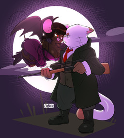 4_fingers anthro big_breasts breasts brown_body brown_fur clothed clothing coat cosplay dress duo face_to_face fangs female fingers flying full_moon fully_clothed fur gun hair holding_gun holding_object holding_ranged_weapon holding_weapon holidays hunter licking licking_lips licking_own_lips male male/female markings mole_(marking) moon multicolored_body multicolored_fur open_mouth open_smile pink_inner_ear ranged_weapon red_eyes romantic romantic_couple self_lick size_difference smile teasing teeth thick_thighs tongue tongue_out topwear vampire_costume weapon whiskers white_body wings joaoppereiraus gwen_geek halloween van_helsing gwen_martin toshio_nakamura felid feline house_mouse mammal mouse murid murine rodent vampire 2022 digital_media_(artwork) hi_res