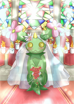 :3 amber_eyes blush bouquet bride cactus candle church clothing dress female flower green_body jagged_mouth light looking_at_viewer not_furry plant solo spikes stained_glass wedding wedding_veil white_clothing yellow_eyes ninamoco nintendo pokemon elemental_creature flora_fauna generation_5_pokemon humanoid maractus pokemon_(species)
