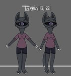 anthro black_sclera clothed clothing ears_up female female_symbol fluffy gender_symbol grey_background looking_at_viewer simple_background smile solo symbol toxis torrin_(toxis) mammal unknown_species full-length_portrait model_sheet portrait