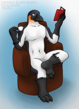 anthro book chair claws container cup furniture male reading sitting solo toe_claws corrsk jack_gloster_(character) avian bird emperor_penguin penguin 2016 hi_res