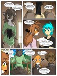 3:4 anthro black_spots blue_eyes blue_hair border bottomless bottomwear brown_hair canid canine canis casual_exposure clothed clothing comic conditional_dnp countershading dialogue domestic_cat domestic_dog english_text evals eye_contact felid feline felis female flora_(twokinds) fox fur gloves grey_body grey_fur grey_hair group hair handwear human hybrid kathrin_vaughan keidran looking_at_another male mammal markings mike_(twokinds) orange_body orange_fur pantherine pants partially_clothed pupils red_fox shirt slit_pupils spots stripes tail tail_motion tailwag text tiger tom_fischbach topwear trace_legacy true_fox twokinds white_body white_border white_fur yellow_eyes