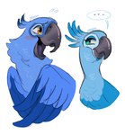 beak blue_body blue_feathers blush brown_eyes duo ellipsis feathers female feral green_eyes looking_at_another male male/female open_mouth simple_background speech_bubble white_background abbadoo02 blue_sky_studios rio_(series) blu_(rio) jewel_(rio) avian bird blue_bird macaw neotropical_parrot parrot spix's_macaw true_parrot hi_res