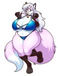 anthro bell bell_collar big_breasts bikini blue_bikini blue_clothing blue_eyes blue_swimwear breasts clothing collar dipstick_tail eyebrows eyewear feet female fur glasses gloves_(marking) hair huge_breasts inner_ear_fluff leg_markings markings open_mouth pink_body pink_fur slightly_chubby socks_(marking) solo swimwear tail tail_markings thick_thighs tuft two-piece_swimsuit white_body white_fur white_hair wide_hips blazbaros canid canine fox mammal 2024 hi_res