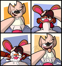 4_fingers anthro balls blush bodily_fluids bottomwear clothing cum cum_in_mouth cum_inside duo eyewear fingers first_person_view genital_fluids genitals glasses humanoid_genitalia humanoid_penis looking_at_viewer male male/male open_mouth oral orange_tongue penis penis_in_mouth pov_blowjob shirt shorts smile smiling_at_another smiling_at_partner smiling_at_viewer submissive submissive_pov tongue tongue_out toony topwear wearing_glasses conditional_dnp sr-g paco_(sr-g) roderick_(tamerkoh) canid canine canis chihuahua domestic_dog lagomorph leporid mammal rabbit toy_dog comic