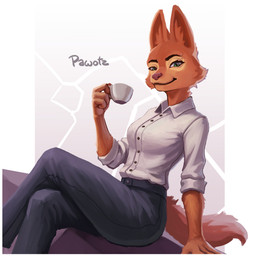 anthro barbell_piercing bottomwear clothing coffee_cup container crossed_legs cup eyelashes facial_piercing facial_tuft female formal_wear fur green_eyes long_eyelashes looking_at_viewer orange_body orange_fur pants piercing shirt smile smiling_at_viewer snout solo tail tea_cup topwear tuft white_clothing white_shirt white_topwear pawotz dreamworks the_bad_guys diane_foxington canid canine fox mammal true_fox 1:1 hi_res