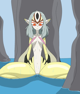 arm_fin barely_visible_nipples chest_tuft dripping eyeshadow facial_markings featureless_crotch female fin forehead_markings grey_hair hair head_markings looking_down makeup markings multicolored_body multicolored_skin nipples pointy_ears red_eyes red_eyeshadow red_markings rock sitting slim smooth_skin solo spread_legs spreading tuft water wet white_body white_skin yellow_body yellow_skin heavy147 blue_submarine_no._6 mutio animal_humanoid aquatic aquatic_humanoid fish fish_humanoid humanoid hybrid hi_res