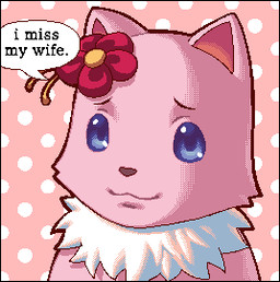 anthro black_border blue_eyes border desperation flower fur humor looking_at_another looking_at_viewer male pink_body pink_fur plant seductive smile solo speech_bubble text white_body white_fur glubo11 amagi_brilliant_park tirami canid canine canis domestic_dog mammal pomeranian spitz digital_media_(artwork) low_res pixel_(artwork)