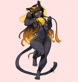 4_toes accessory ankle_band anthro armband barefoot biped black_body black_ears black_fur black_hair black_inner_ear black_tail blush blush_lines bottomless bottomless_anthro bottomless_female breasts cheek_markings chest_tuft circlet claws clothed clothing cute_fangs ear_piercing ear_ring eye_markings eyebrows eyelashes facial_markings fangs feet female female_anthro fingers front_view fur furgonomics glistening glistening_eyes gold_(metal) gold_jewelry gradient_hair hair head_markings humanoid_feet humanoid_hands inner_ear_fluff jewelry kemono long_hair long_tail looking_at_viewer markings medium_breasts monotone_tail multicolored_body multicolored_fur multicolored_hair navel on_one_leg open_mouth orange_hair paw_pose pectoral_(jewelry) piercing plantigrade pose ring_piercing sash simple_background skimpy solo standing tail tail_accessory tailband teeth toe_claws toes tongue topwear tuft two_tone_body two_tone_fur white_background wide_hips yellow_body yellow_claws yellow_eyes yellow_fur yellow_inner_ear_fluff yellow_markings yellow_tongue kagarimachi_ame egyptian_mythology middle_eastern_mythology mythology bast deity domestic_cat felid feline felis mammal 2025 colored digital_media_(artwork) digital_painting_(artwork) full-length_portrait hi_res painting_(artwork) portrait shaded