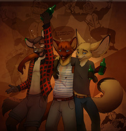 alcohol anthro beverage bottle clothed clothing container drunk eyes_closed fangs group half-closed_eyes looking_at_viewer male narrowed_eyes open_clothing open_mouth open_shirt open_topwear shirt smile standing substance_intoxication teeth tongue topwear magenta7 canid canine fennec_fox fox hyena mammal spotted_hyena true_fox digital_media_(artwork) hi_res shaded