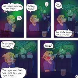 5_panel_comic alcohol anthro beverage big_ears blep blonde_hair blue_hair blush bottomwear bracelet chain_piercing clothed clothing collar dialogue duo ear_piercing ears_up embarrassed eye_contact eyebrow_piercing facial_piercing fur grey_body grey_fur hair head_on_hands holding_glass holding_object inside jewelry legwear logo looking_at_another male nightclub nose_piercing one_ear_up page_number piercing profanity question_mark shirt shorts sniffing speech_bubble spiked_bracelet spiked_collar spikes stockings text thought_bubble tongue tongue_out tongue_piercing topwear vest walking yellow_body yellow_fur kriek_wildebeest jeremy_(kriek_wildebeest) parker_(kriek_wildebeest) bird_dog border_collie canid canine canis cavalier_king_charles_spaniel collie domestic_dog herding_dog hunting_dog mammal pastoral_dog sheepdog spaniel toy_dog 1:1 artist_logo comic english_text hi_res multiple_scenes