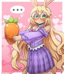 blonde_hair blush border breasts carrot clothing dress ellipsis eyewear female food glasses green_eyes hair heart_symbol holding_carrot holding_food holding_object holding_vegetable long_hair medium_breasts pink_background plant purple_clothing purple_dress simple_background solo vegetable white_border morbidlycutecrunch animal_humanoid humanoid hybrid lagomorph lagomorph_humanoid leporid_humanoid mammal mammal_humanoid rabbit_humanoid absurd_res hi_res