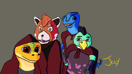 alcohol anthro beverage group male whiskey jaydaygecko final_fantasy square_enix bluechameleon sio ailurid avian bird chameleon chocobo gecko lizard mammal red_panda reptile scalie hi_res