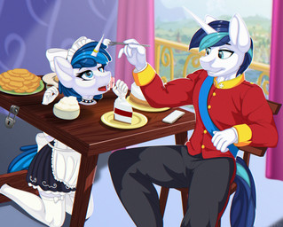 anthro anthrofied blue_eyes blue_hair bottomwear bound bound_male bow_(feature) cake choker clothing crossdressing_male cutlery dairy_products dessert duo food fork hair holding_fork horn jewelry kitchen_utensils kneeling legwear maid_apron maid_headdress maid_uniform male military_uniform necklace pants redcoat restraints sash stockings stocks tools uniform whipped_cream white_body up1ter friendship_is_magic hasbro my_little_pony mythology fan_character feathertrap_(oc) shining_armor_(mlp) equid equine mammal mythological_creature mythological_equine unicorn absurd_res hi_res
