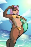 anthro beach bikini biped breasts bulge clothing gold_bikini gynomorph gynomorph_anthro hair inflatable inner_tube intersex intersex_anthro navel pink_hair solo swimwear two-piece_swimsuit pinkupinkish golden_week bear mammal hi_res