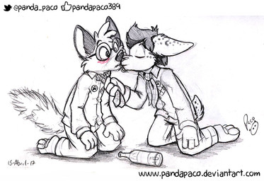 anthro anthro_on_anthro blush bottle clothed clothing container dipstick_tail duo ears_back hair head_tuft kissing kneeling logo male male/male markings mouth_closed piercing pivoted_ears short_hair tail tail_markings text tuft young young_anthro young_male pandapaco canid canine fox lagomorph leporid mammal rabbit 2017 artist_logo dated signature spot_color url