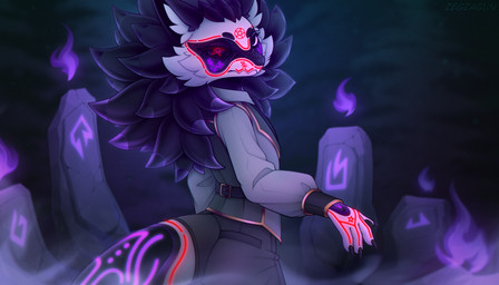 anthro bottomwear butt claws clothing finger_claws fire forest forest_background glowing glowing_markings male mane markings nature nature_background night occult_symbol pants pentagram plant runes shrine solo symbol topwear tree vest white_body zegzagun eiranis novabeast 7:4 absurd_res hi_res