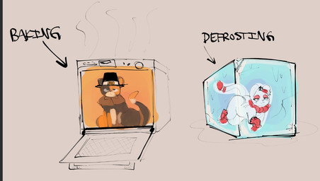 appliance arrow_sign black_body black_clothing black_ears black_eyes black_fur black_hat black_headwear black_nose black_tail butt capotain clothing duo eyelashes eyeshadow female feral fire food fur grey_background half-closed_eyes hat headgear headwear heterochromatic_ears holly_(plant) ice ice_cube kitchen_appliance makeup male multicolored_body multicolored_fur narrowed_eyes orange_body orange_ears orange_fur orange_tail oven plant red_eyeshadow red_tail simple_background sitting tail tan_body tan_fur tan_tail text two_tone_hat two_tone_tail white_body white_clothing white_ears white_fur white_hat white_headwear white_nose white_tail sushiamazing junipurr turkitty domestic_cat elemental_creature felid feline felis flora_fauna food_creature mammal 2025 digital_media_(artwork) english_text sketch