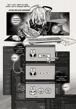 anthro bangs cereal claws clothed clothing covered_eyes electronics food front_view fully_clothed hair headphones keyboard logo long_bangs long_hair male mouse_cursor small_ears speech_bubble text whiskers deadishwolf mirror_test hoshi_(mirror_test) mammal mustelid otter sea_otter absurd_res comic english_text hi_res