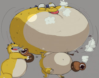3_fingers 3_toes ambiguous_gender anthro before_and_after big_head countershading duo feet fingers grey_background head_expansion head_inflation huge_head hyper hyper_head inflation navel scales sharp_teeth simple_background tail tan_body tan_countershading teeth toes x_navel yellow_body yellow_scales hitodama_(artist) mythology dragon mimic mythological_creature mythological_scalie scalie 2025 hi_res