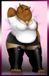 anthro big_breasts bottomwear breasts clothing female green_eyes hand_behind_head legwear overweight overweight_anthro overweight_female pantyhose skirt solo stocky thick_thighs tights topwear lovemummification emma_withers bear mammal absurd_res hi_res