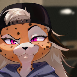 anthro backwards_baseball_cap backwards_hat baseball_cap blurred_background clothing devious devious_grin fangs female fur grey_hair hair hat headgear headwear long_hair looking_at_viewer markings multicolored_body multicolored_fur orange_body orange_fur pink_eyes polka_dots solo spots spotted_body spotted_fur teeth tomboy white_body white_fur someone1912 alex_(itsnafulol) cheetah felid feline mammal 1:1 hi_res meme