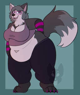 anthro arm_tuft barefoot belly big_belly big_breasts biped black_nose black_pawpads border breasts cheek_tuft claws cleavage clothed clothed_anthro clothed_female clothing dipstick_tail eyewear facial_tuft feet female female_anthro fluffy fluffy_tail freckles front_view fur fur_tuft glasses green_background green_border grey_belly grey_body grey_breasts grey_clothing grey_freckles grey_fur grey_hair grey_mouth grey_shirt grey_tail grey_tank_top grey_tongue grey_topwear grey_tuft hair hand_on_hip hand_on_own_hip markings midriff navel open_mouth open_smile overweight overweight_anthro overweight_female pawpads purple_claws purple_eyewear purple_glasses purple_stripes shirt shoulder_tuft simple_background smile solo standing stripes tail tail_markings tank_top thick_thighs three-quarter_view tongue topwear tuft strawberrymilkdog canid canine canis domestic_dog mammal 2022 character_request full-length_portrait hi_res portrait watermark