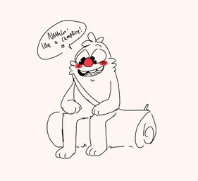 anthro black_eyes blush fur hair happy log male pie_cut_eyes red_nose sash sitting sitting_on_log smile solo speech_bubble teeth text tongue wood shaibey bugsnax young_horses filbo_fiddlepie grumpus 2022 digital_media_(artwork) english_text procreate_(artwork) sketch