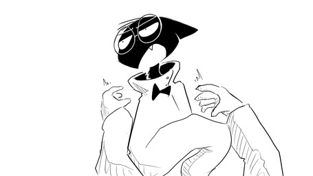ambiguous_gender anthro bow_tie clothing coat duo eyewear glasses lab_coat looking_away male pushing_away topwear dragonweirdo gytras_(dragonweirdo) kimera_(dragonweirdo) canid canine canis domestic_cat felid feline felis mammal wolf 16:9 hi_res monochrome widescreen