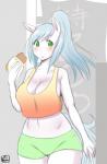 big_breasts blue_hair blush bottomwear breasts cleavage clothed clothing eating female green_eyes hair hair_up ponytail shorts skimpy smile solo thigh_gap tight_clothing wide_hips gaikiken animal_humanoid equid equid_humanoid equine equine_humanoid humanoid mammal mammal_humanoid