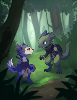 anthro armor backpack cloth duo female forest fur green_body green_eyes green_scales male male/female plant purple_body purple_fur scales scarf shield tree vavacung canid canine japanese_kobold kobold lizard mammal reptile scalie hi_res