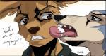 anthro anthro_on_anthro black_nose clothed clothing duo face_lick fangs humor licking male male/male teeth text tongue tongue_out crybaby_d beastars jojo's_bizarre_adventure this_taste_is_the_taste_of_a_liar legoshi_(beastars) louis_(beastars) canid canine canis cervine deer mammal red_deer wolf crossover english_text meme signature