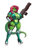 anthro armor big_breasts big_gun bikini_armor boots breast_implants breasts clothing female footwear gun hair high_heeled_boots high_heels huge_breasts non-mammal_breasts pink_hair ranged_weapon shoes sidearm solo thigh_holster unconvincing_armor weapon yellow_eyes blazbaros billie_sinker lizard reptile scalie 3:4 hi_res