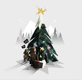 ambiguous_gender christmas_star christmas_tree duo ears_back feral footprint glowing holidays looking_up mountain nature on_hind_legs on_model outside pivoted_ears plant shadow simple_background sitting size_difference speech_bubble star tail tree tree_star white_background winter yasv christmas might_and_delight shelter_(game_series) canid canine fox lagomorph leporid mammal rabbit animated lineless shaded