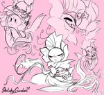 blush curled dialogue duo female flower holding_object holding_plushie lying plant plushie smile sketchygarden arien_the_lavender buddy_the_poppy elemental_creature flora_fauna flower_creature hi_res