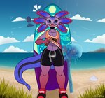 anthro beach bottomwear bulge clothed clothing clothing_lift cute_fangs detailed_bulge fangs footwear male outside sea seaside seaweed shirt shirt_lift shoes shorts shy small_waist solo surfboard teeth tight_bottomwear tight_clothing tight_shorts topwear water mrt0ony epic_games fortnite axo_(fortnite) amphibian axolotl clownfish fish marine mole_salamander pomacentrid salamander absurd_res hi_res