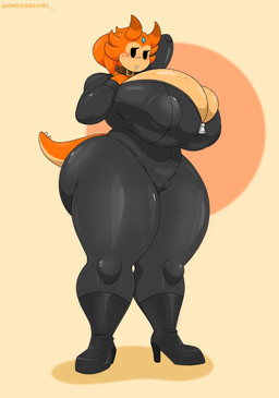 anthro big_breasts big_butt breasts butt choker clothing female freckled_breasts freckles horn huge_breasts huge_butt jewelry latex latex_clothing necklace orange_body pseudo_hair tail tentacle_hair tentacles thick_thighs tight_clothing wide_hips omegabrawl jenise_(omegabrawl) alien humanoid lizarre hi_res