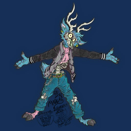 3_fingers anthro antlers belt biped blue_body blue_fur bone bottomwear buckle chain chain_accessory chest_tuft claws clothed clothing cloven_hooves damaged ear_piercing fangs fingers front_view fur grin hair hooved_fingers hooves horn jacket jewelry letterman_jacket looking_at_viewer male multicolored_body multicolored_fur pants pecs piercing pink_body pink_fur plantigrade pose red_eyes scar seam_(sewing) simple_background skeleton skinny skull skull_head smile smirk solo standing stitch_(sewing) stripes surgical_suture tail teeth topwear torn_clothing transparent_background tuft two_tone_body two_tone_fur two_tone_letterman_jacket yellow_eyes yellow_sclera krolik lachendesreh american_mythology indigenous_north_american_mythology mythology north_american_mythology hodgepodge_(krolik) ray_(lachendesreh) cervine deer hybrid mammal undead wendigo zombie 1:1 2025 alpha_channel digital_drawing_(artwork) digital_media_(artwork) hi_res portrait signature