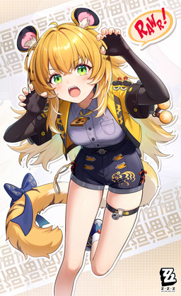 animal_ears belt black_clothing blonde_hair clothed clothing female fluffy green_eyes hair jacket looking_at_viewer open_clothing open_jacket open_mouth open_topwear orange_hair solo striped_hair tail topwear white_hair aviary_(artist) mihoyo zenless_zone_zero ju_fufu animal_humanoid felid felid_humanoid humanoid mammal mammal_humanoid pantherine pantherine_humanoid thiren tiger_humanoid absurd_res hi_res