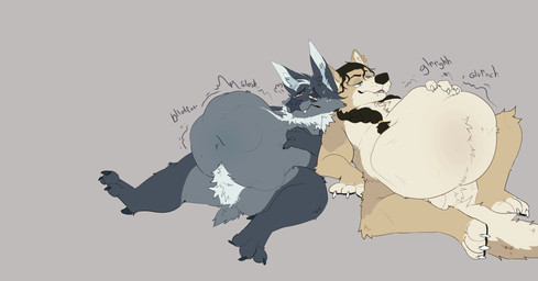 3_toes 4_fingers abdominal_bulge anthro bangs black_hair bloated blue_pupils bodily_fluids claws crotch_fur digestion digestion_noises drooling duo ear_piercing ear_tuft facial_tuft feet finger_claws fingers fur gold_(metal) gold_piercing grey_background grey_body grey_fur hair head_tuft leg_tuft looking_pleasured male male/male motion_lines multicolored_body multicolored_fur onomatopoeia oral_vore piercing pupils red_pupils saliva simple_background sound_effects tail tan_body tan_fur text toe_claws toes tuft two_tone_body two_tone_fur vore technocaster bat canid canine canis mammal wolf absurd_res hi_res