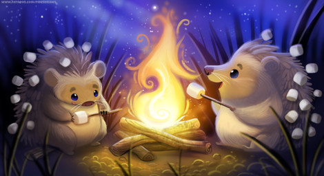 ambiguous_gender beady_eyes blue_eyes brown_body brown_fur campfire candy dessert duo feral fire food fur grass log marshmallow night open_mouth outside plant sky star stick tan_body tan_fur whiskers wood piper_thibodeau eulipotyphlan hedgehog mammal digital_media_(artwork) digital_painting_(artwork) painting_(artwork)