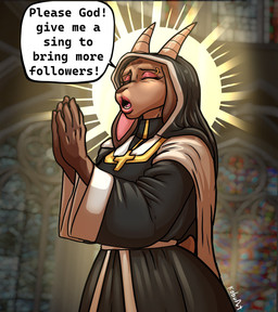 anthro church clothed clothing cross cross_necklace dialogue eyebrow_piercing eyelashes eyeshadow facial_piercing female floppy_ears fully_clothed gothic_architecture green_eyes heart_(marking) heart_symbol inside jewelry long_ears makeup markings necklace nun nun_habit piercing pink_eyeshadow praying religious_clothing solo speech_bubble stained_glass text kobu_art ritoel_(kobu_art) bovid caprine goat mammal english_text hi_res