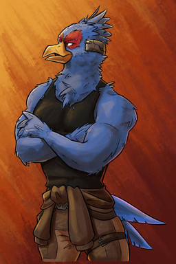anthro beak black_clothing black_shirt black_topwear blue_body blue_feathers bottomwear brown_bottomwear brown_clothing brown_pants clothing feathers male pants shirt simple_background solo topwear yellow_beak scootscahoots nintendo star_fox falco_lombardi avian bird hi_res