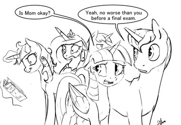 feathered_wings feathers female feral group horn male text wings silfoe friendship_is_magic hasbro my_little_pony mythology night_light_(mlp) princess_cadance_(mlp) shining_armor_(mlp) twilight_sparkle_(mlp) twilight_velvet_(mlp) equid equine mammal mythological_creature mythological_equine unicorn winged_unicorn 2015 english_text hi_res monochrome
