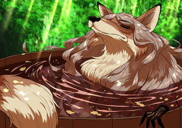 anthro bath black_nose cheek_tuft elderly elderly_female eyes_closed facial_tuft female fluffy fluffy_chest forest forest_background fur grey_hair hair hand_out_of_water herbs light light_beam long_hair mature_female multicolored_body multicolored_fur nude peaceful_expression plant relaxing solo sunbeam sunlight tail_out_of_water tree tuft two_tone_body two_tone_fur water wood_barrel haraya emilia_rayne canid canine fox mammal red_fox true_fox 2026 english_description hi_res