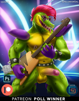 balls bass_guitar erection eyewear genitals glasses green_body guitar hair humanoid_genitalia humanoid_penis male mohawk muscular muscular_male musical_instrument nipple_piercing nipples penis piercing plucked_string_instrument red_hair rock_out_with_your_cock_out shoulder_pads solo string_instrument text tongue tongue_out spelunker_sal five_nights_at_freddy's five_nights_at_freddy's:_security_breach scottgames steel_wool_studios montgomery_gator alligator alligatorid crocodilian reptile scalie english_text