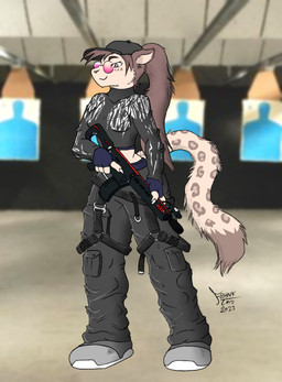 anthro bottomwear breasts brown_body brown_eyes brown_fur brown_hair claws clothed clothing crop_top eyewear female footwear fur glasses gloves hair handwear harness hat headgear headwear holding_object holding_weapon horse_tail looking_at_viewer pants shirt shoes smile solo stain standing tail topwear weapon fbhnk_arts ambient_among_us elizabeth_mendoza felid feline leopard mammal pantherine absurd_res hi_res