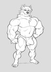 anthro barefoot biceps black_nose briefs bulge clothing detailed_bulge feet furgonomics genital_outline hand_on_hip looking_at_viewer male mostly_nude muscular muscular_anthro muscular_arms muscular_legs muscular_male navel overly_muscular pecs penis_outline solo standing stubble underwear analon_(artist) wolfalon_(analon) canid canine canis mammal wolf hi_res monochrome